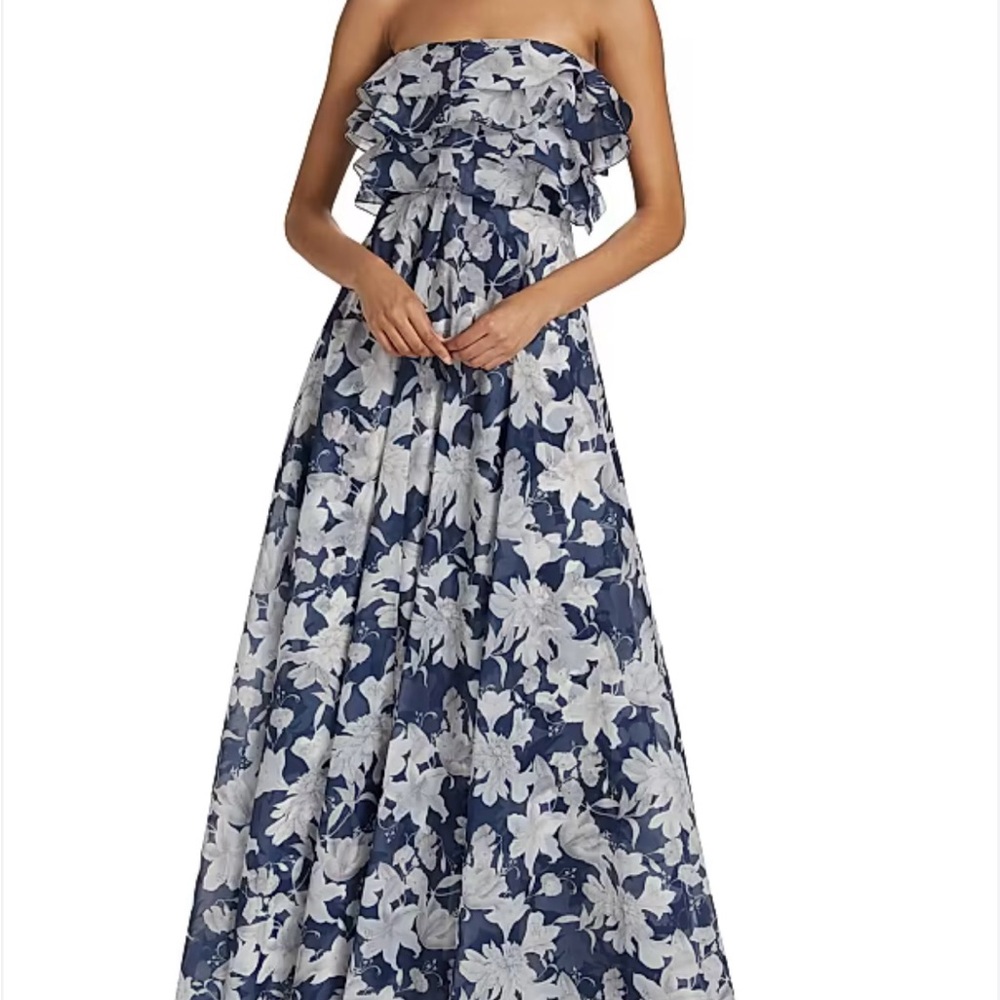 Sachin + Babi Navy and White Strapless Floral Gown